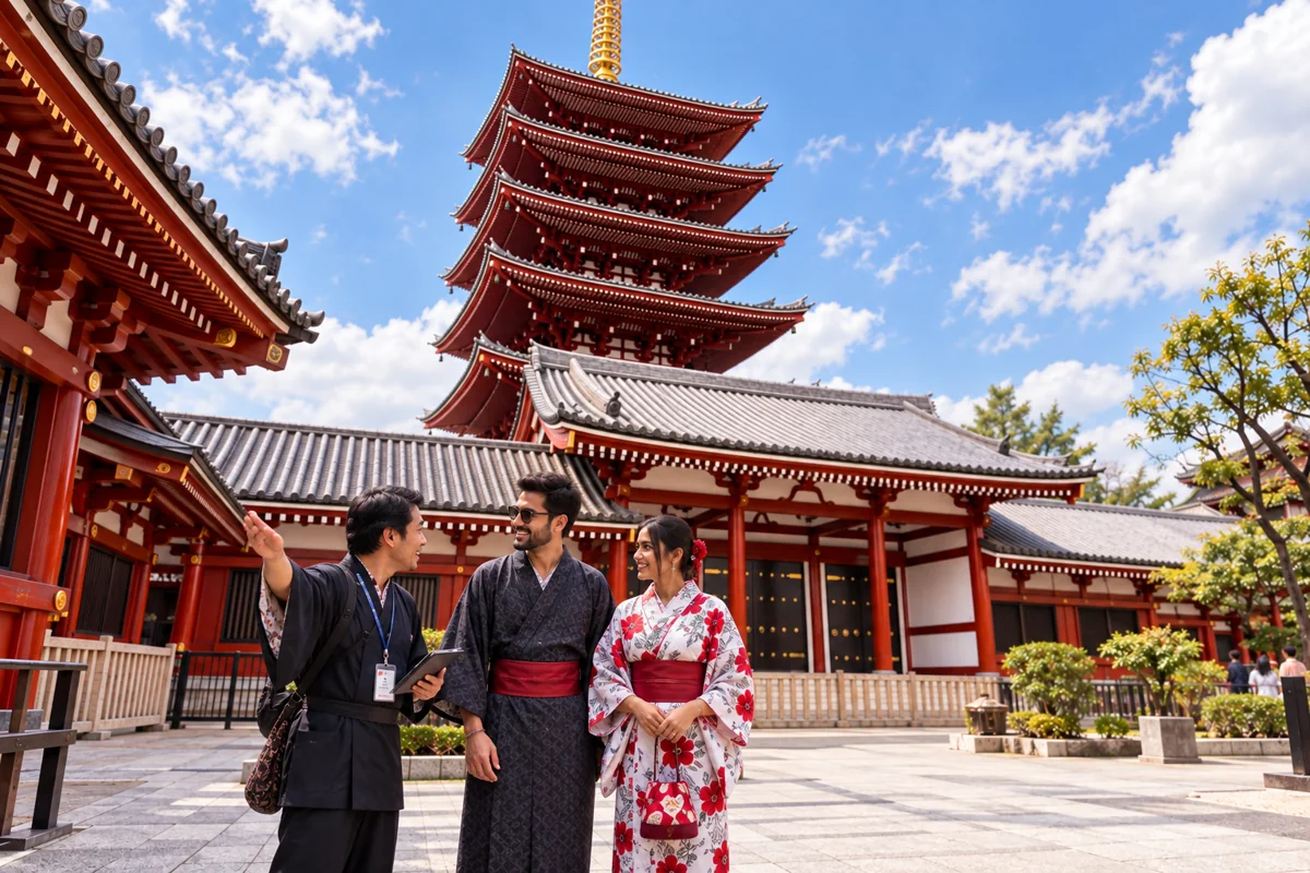 Travellers exploring a temple with their local Hi Tours guide