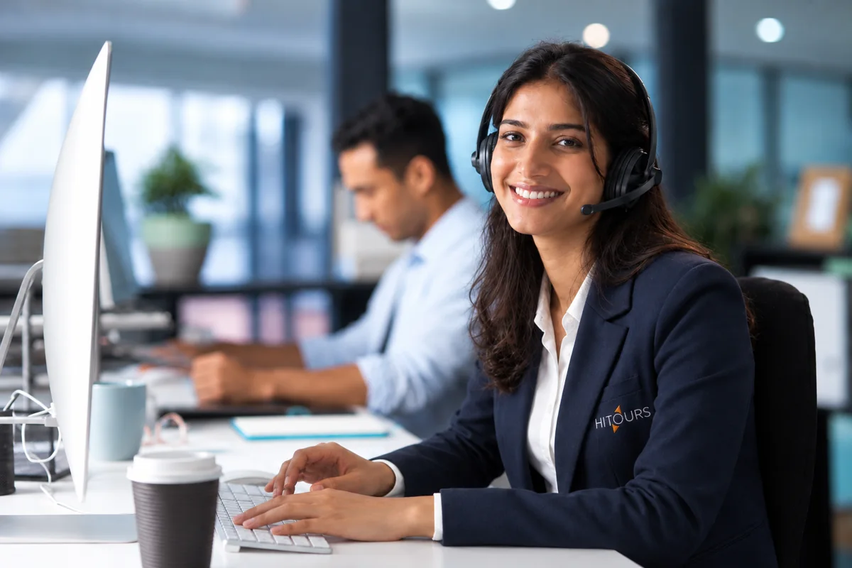 Hi Tours support advisor wearing a headset at her desk