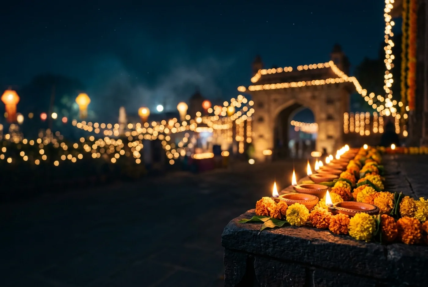 Diya lamps and marigolds glowing outside a lit heritage archway at Diwali